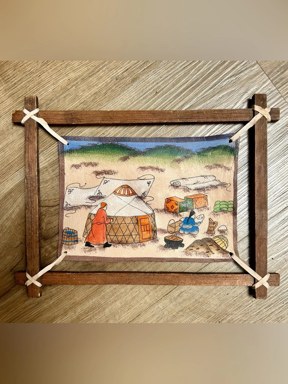 Vintage Mongolian Hand Painted Leather Folk Art Rustic Wood Frame Nomadic Scene